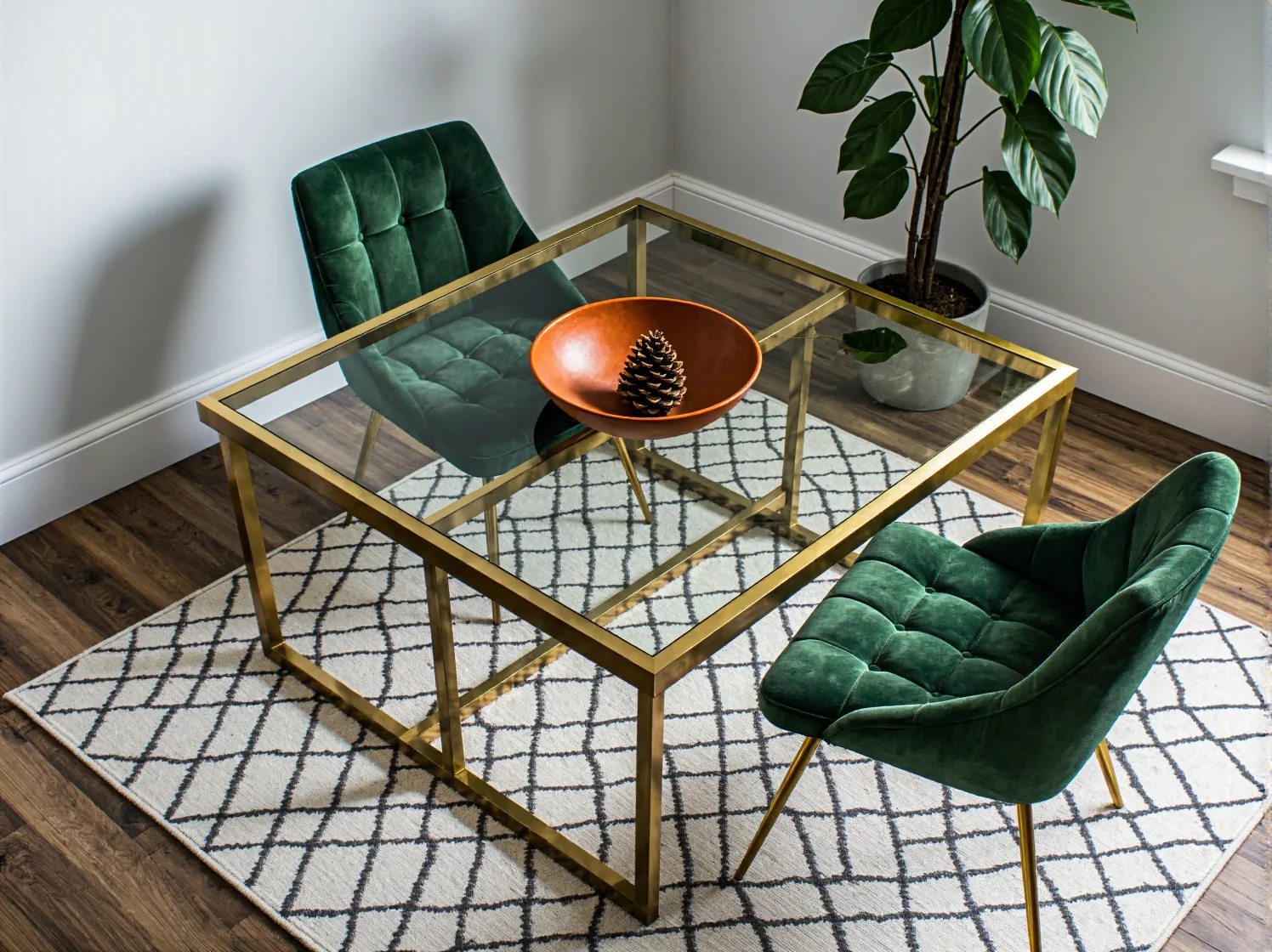 Sprytne triki na optyczne powiększenie jadalni z użyciem lustra i jasnych kolorów.