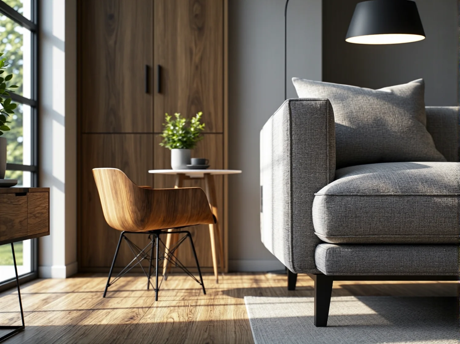 Nastrojowe oświetlenie akcentujące w salonie, z wykorzystaniem lampy podłogowej obok kanapy.