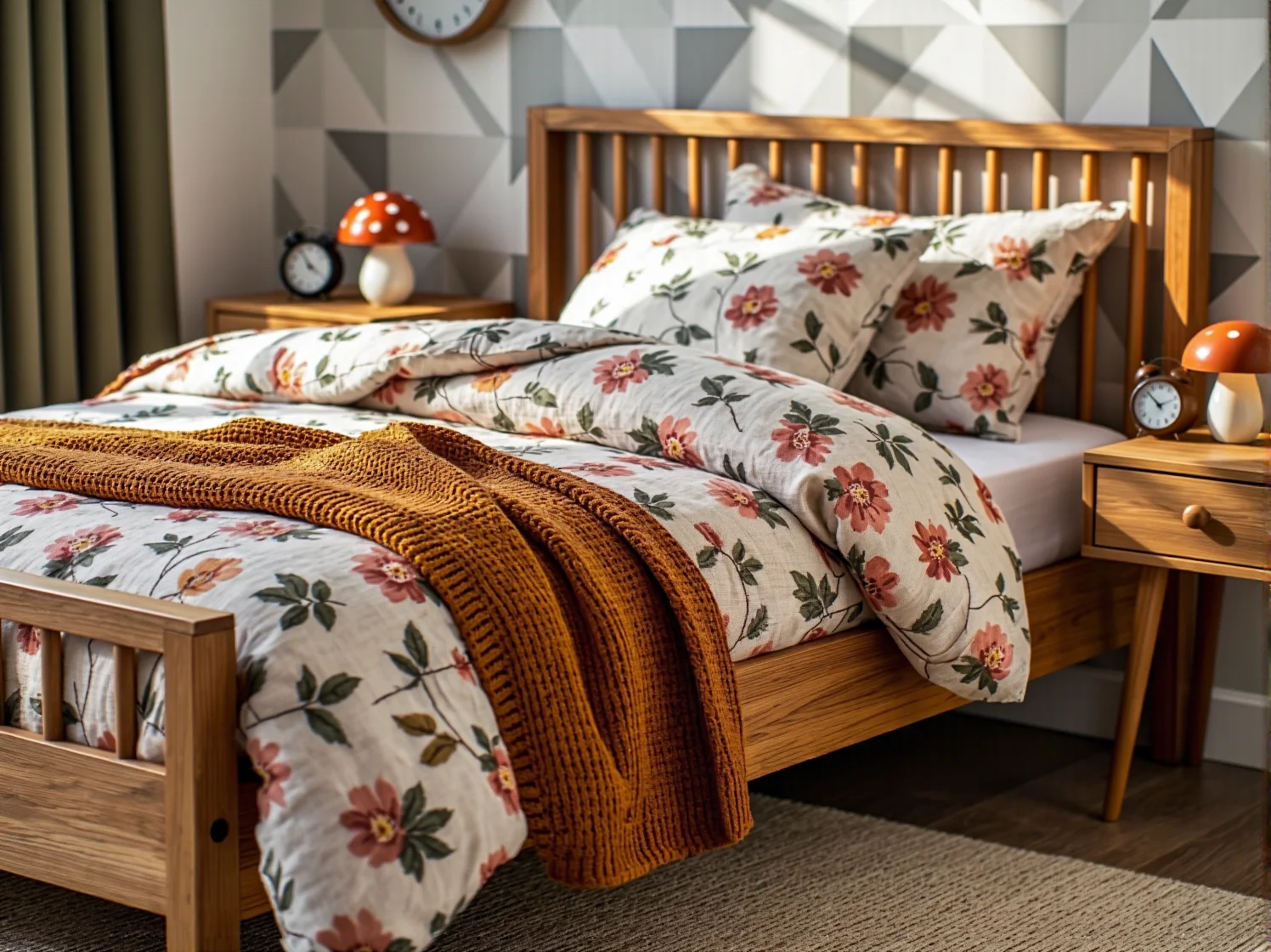 Metalowa lampka nocna w stylu vintage stojąca na drewnianej szafce nocnej