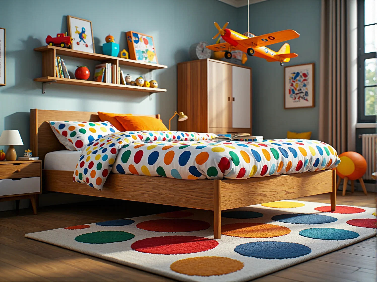 Półkotapczan nawiązujący do stylu PRL w małym pokoju dziecięcym.