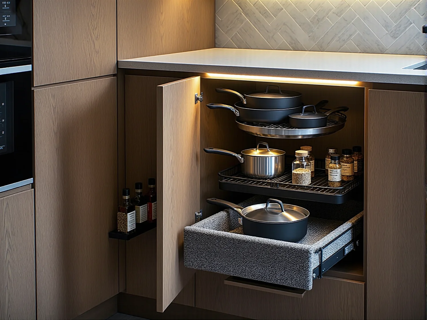 Wysoka zabudowa kuchenna pod sufit i sprytne systemy przechowywania w małej kuchni.