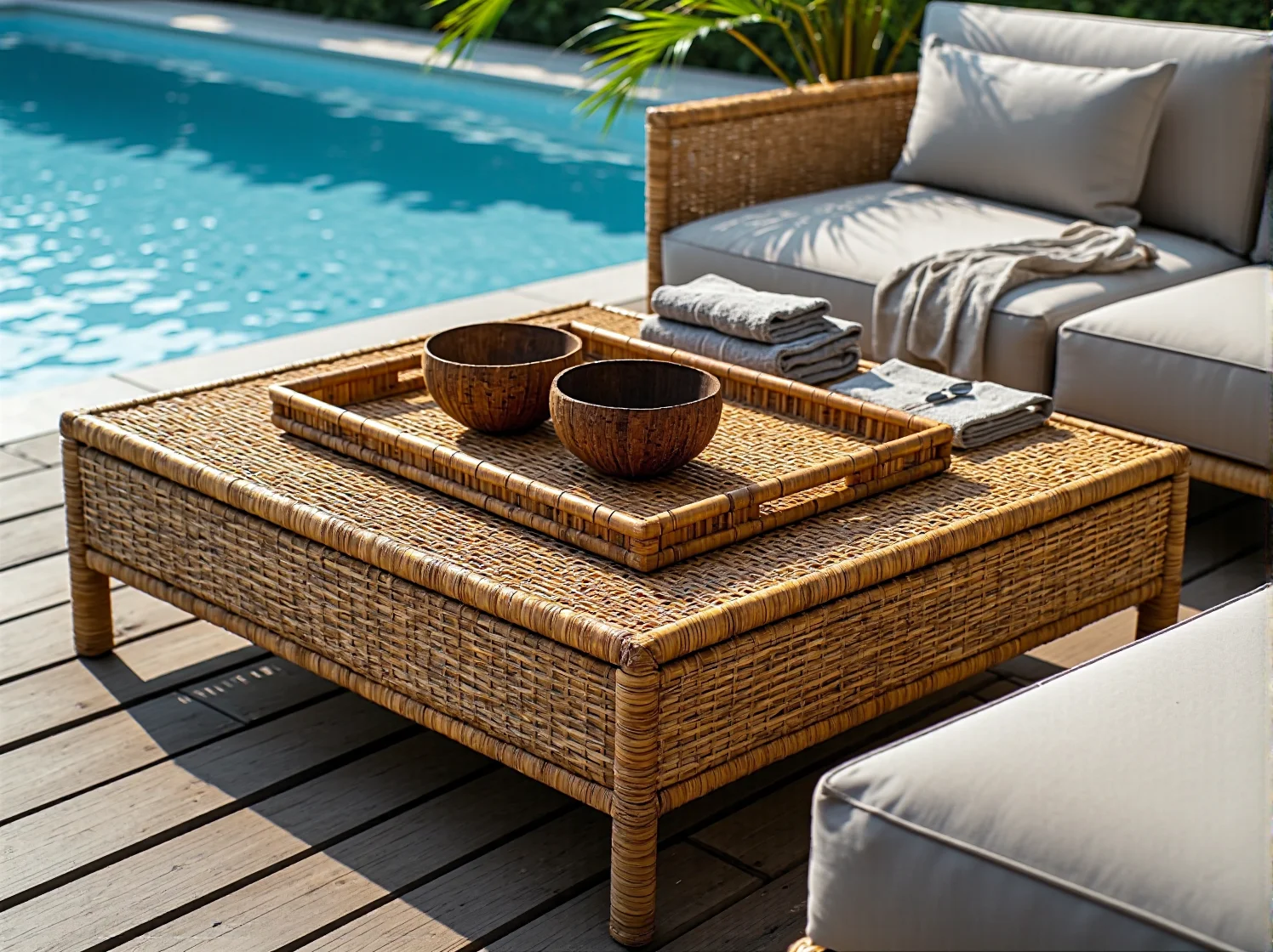 Przestrzeń relaksacyjna przy basenie w stylu Bali z drewnianymi meblami