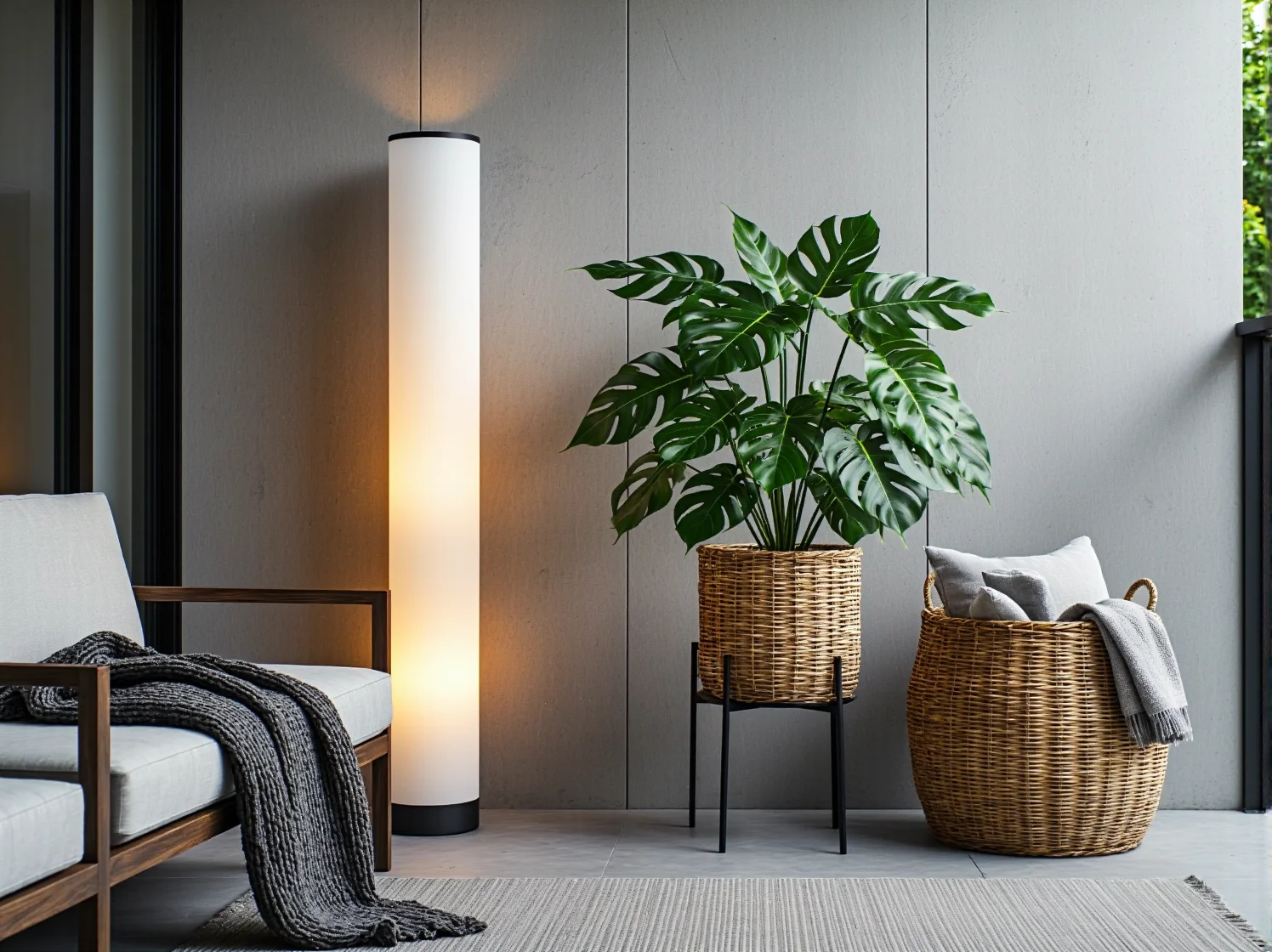 Jasne poduszki i koce jako przytulne dodatki na balkon w stylu skandynawskim