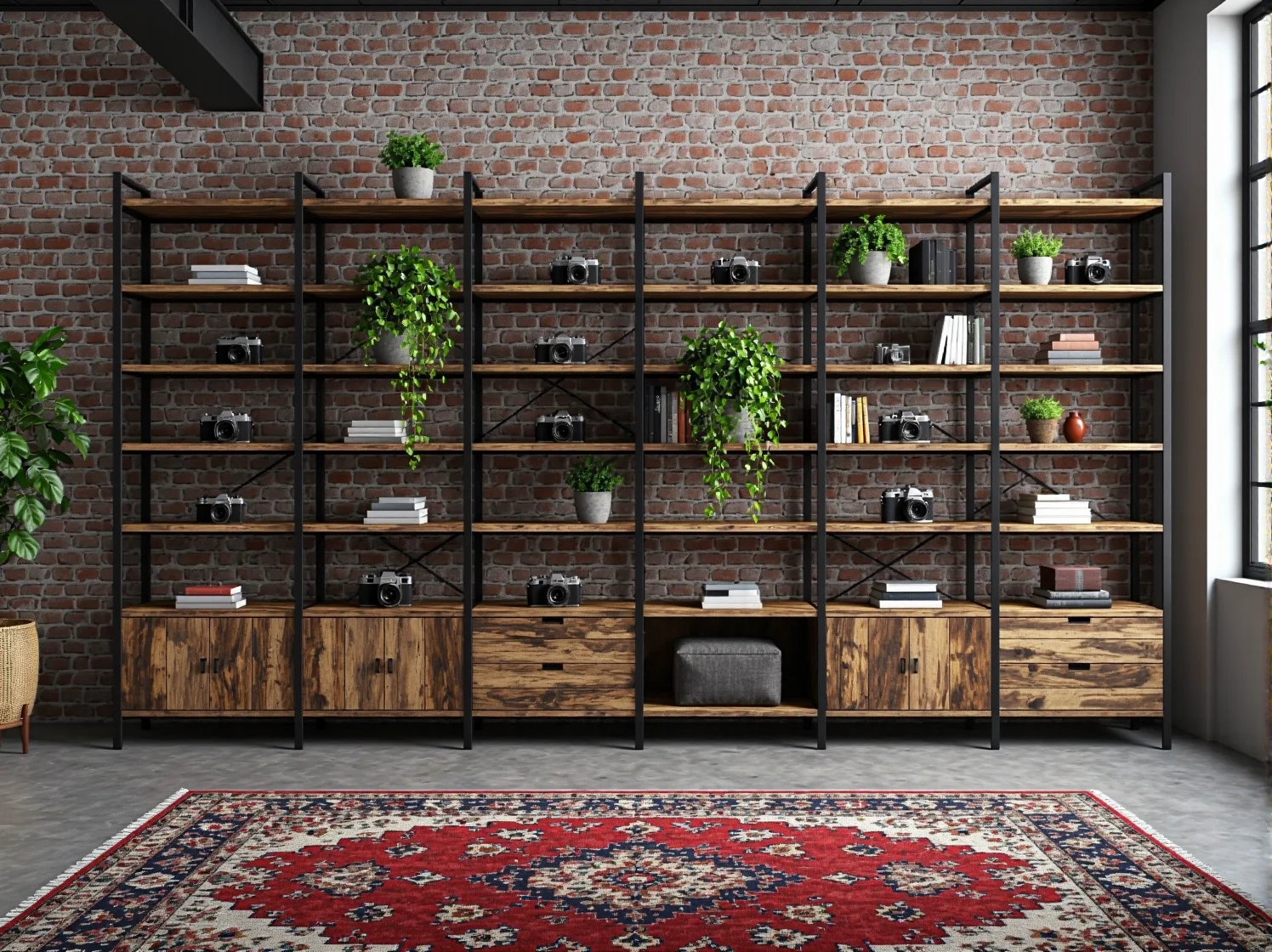 Industrialny regał z drewnianymi półkami na metalowej ramie