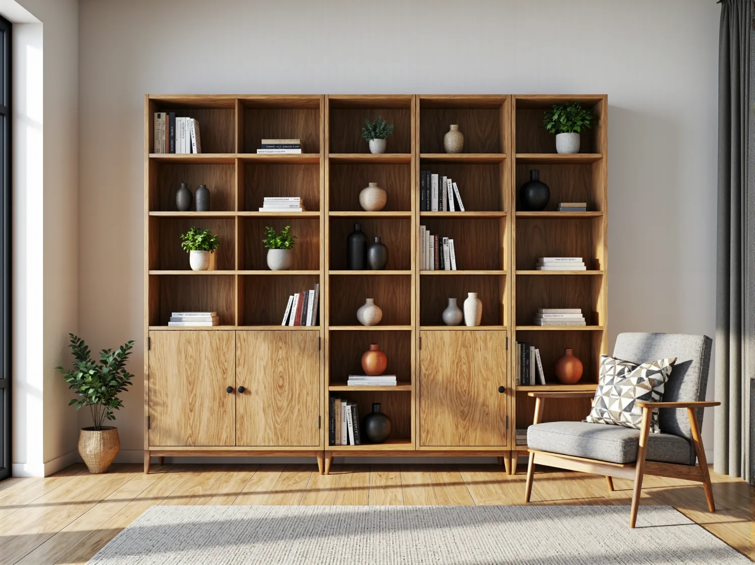 Skandynawski regał dębowy z półkami i zamykanymi szafkami na nóżkach