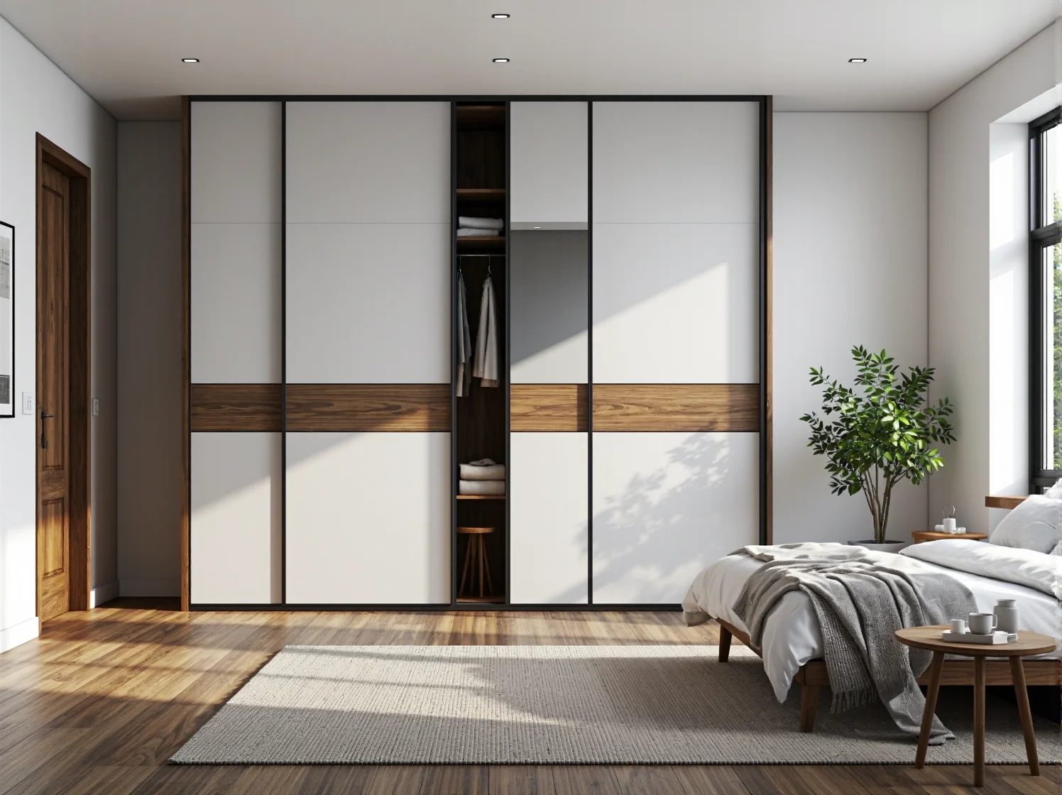 Biała szafa przesuwna z drewnianymi wstawkami i czarną ramą