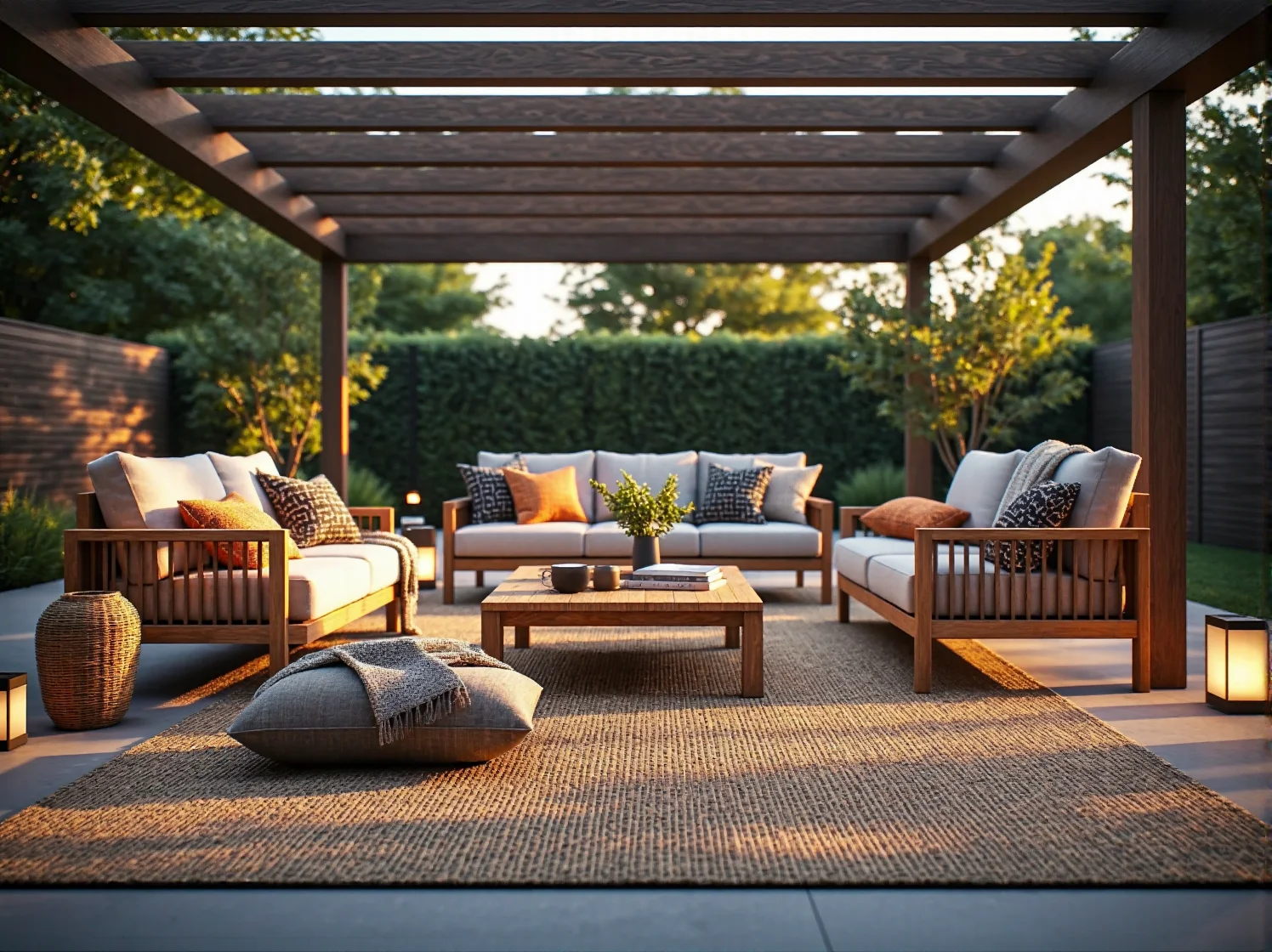 Ażurowe rattanowe lampiony solarne rzucające delikatne cienie na stół pod pergolą boho.