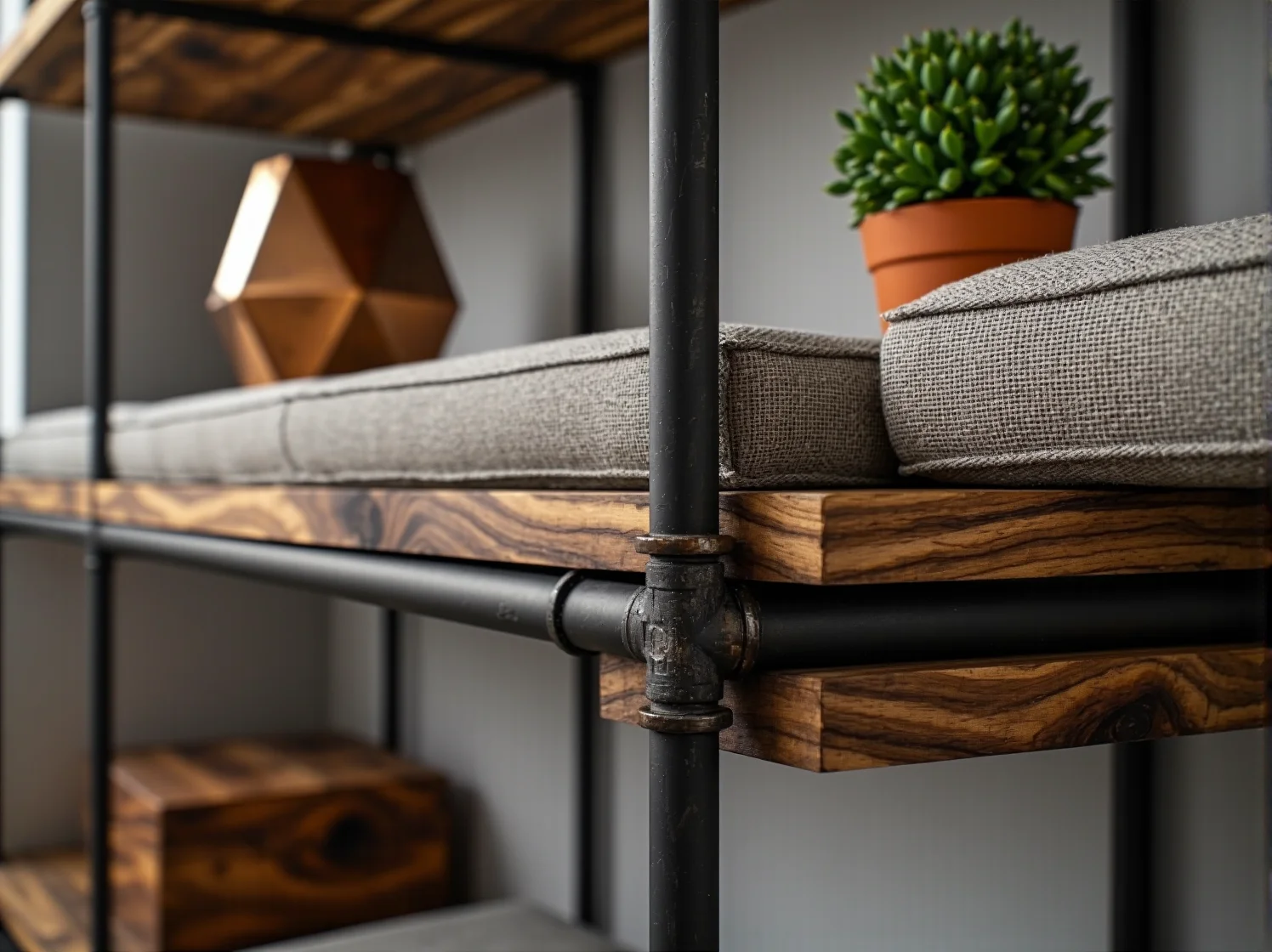 Regał loftowy z metalowym stelażem i drewnianymi półkami