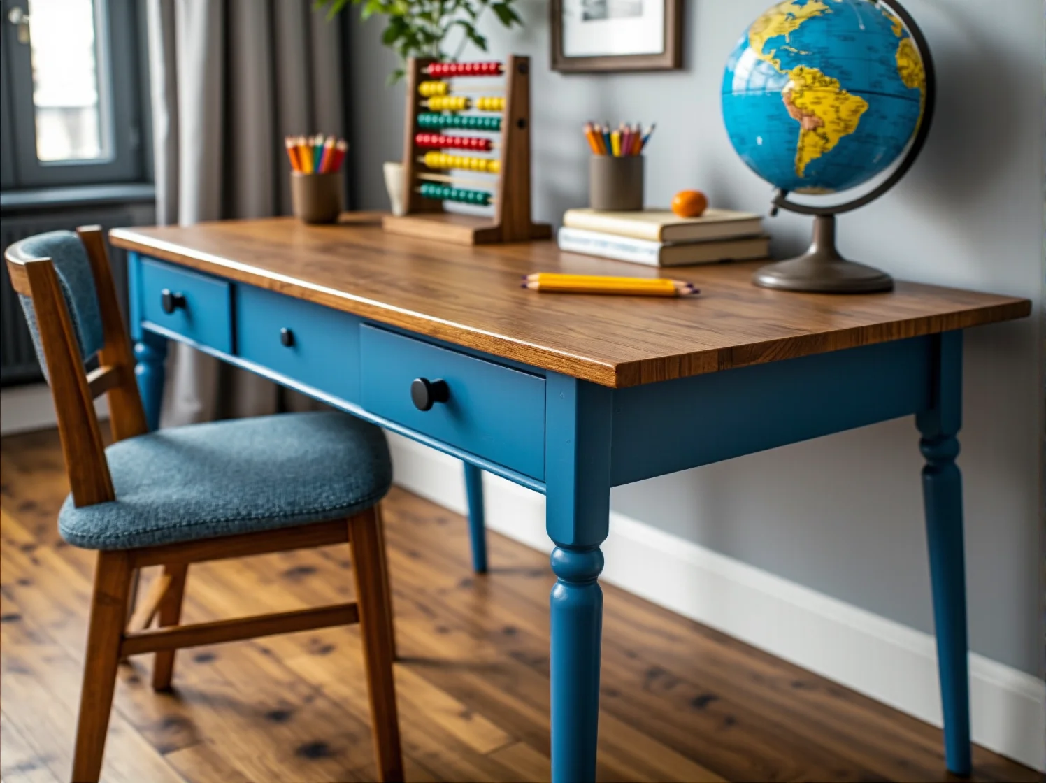 Przytulny kącik zabaw z własnoręcznie odrestaurowanym regałem z odzysku na zabawki.