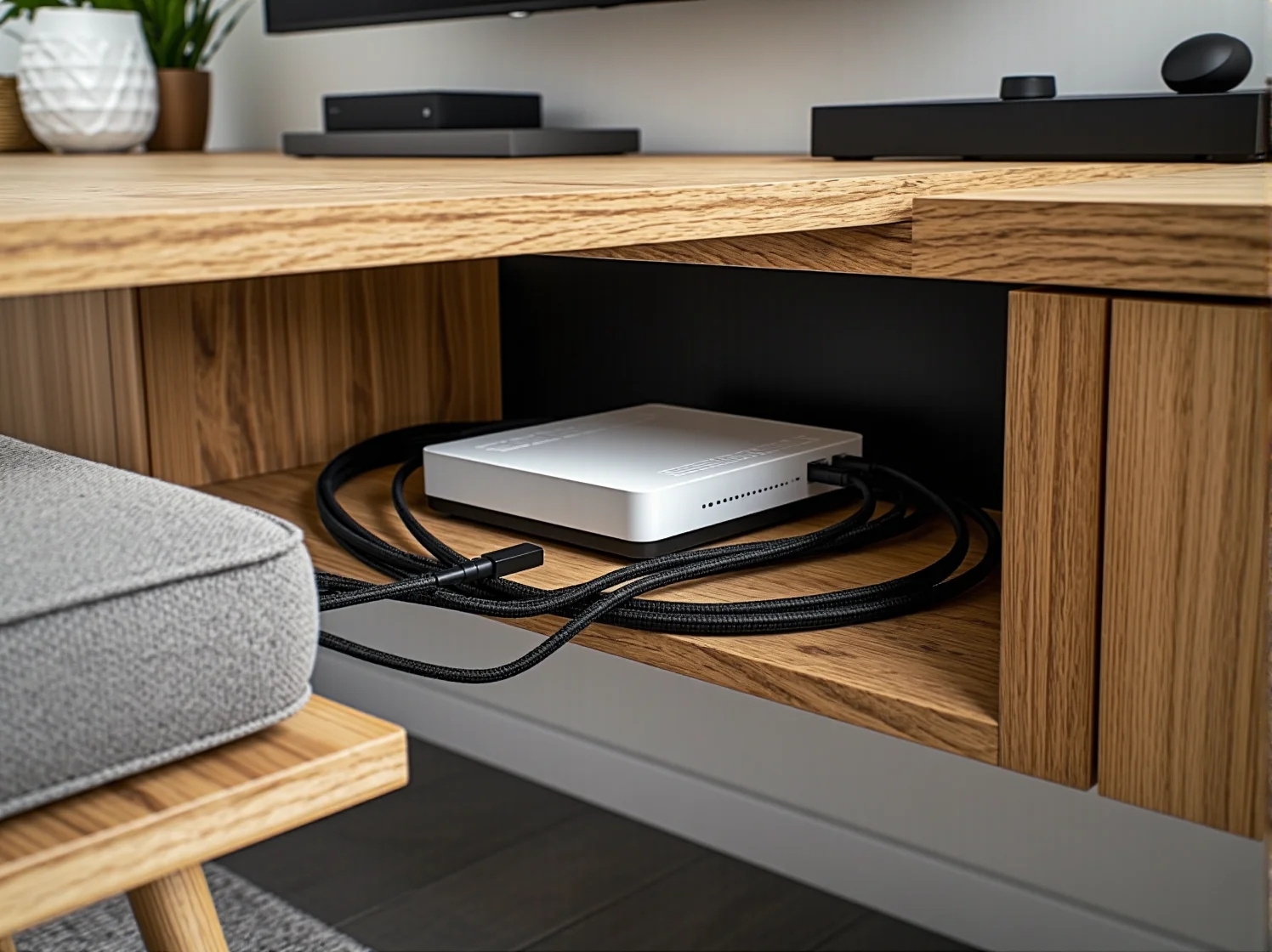 Czarny regał z ukrytymi schowkami na konsole do gier