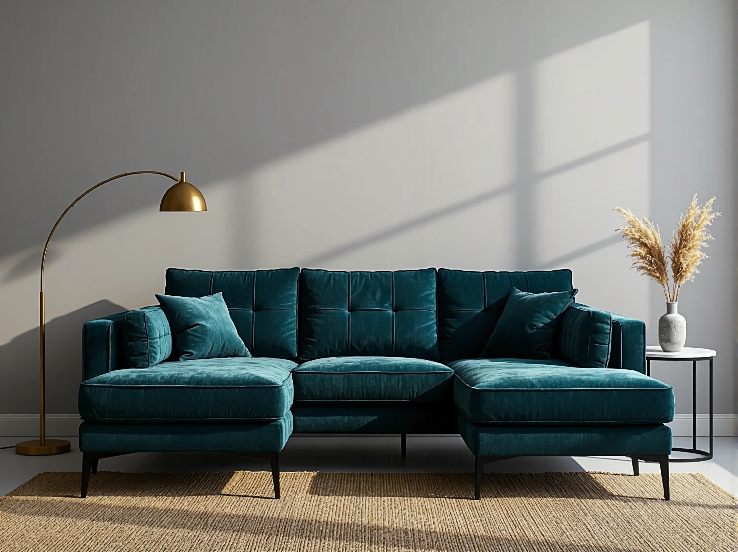 Rozkładany narożnik modułowy z pojemnikiem na pościel, łączący funkcjonalność i elegancki design.