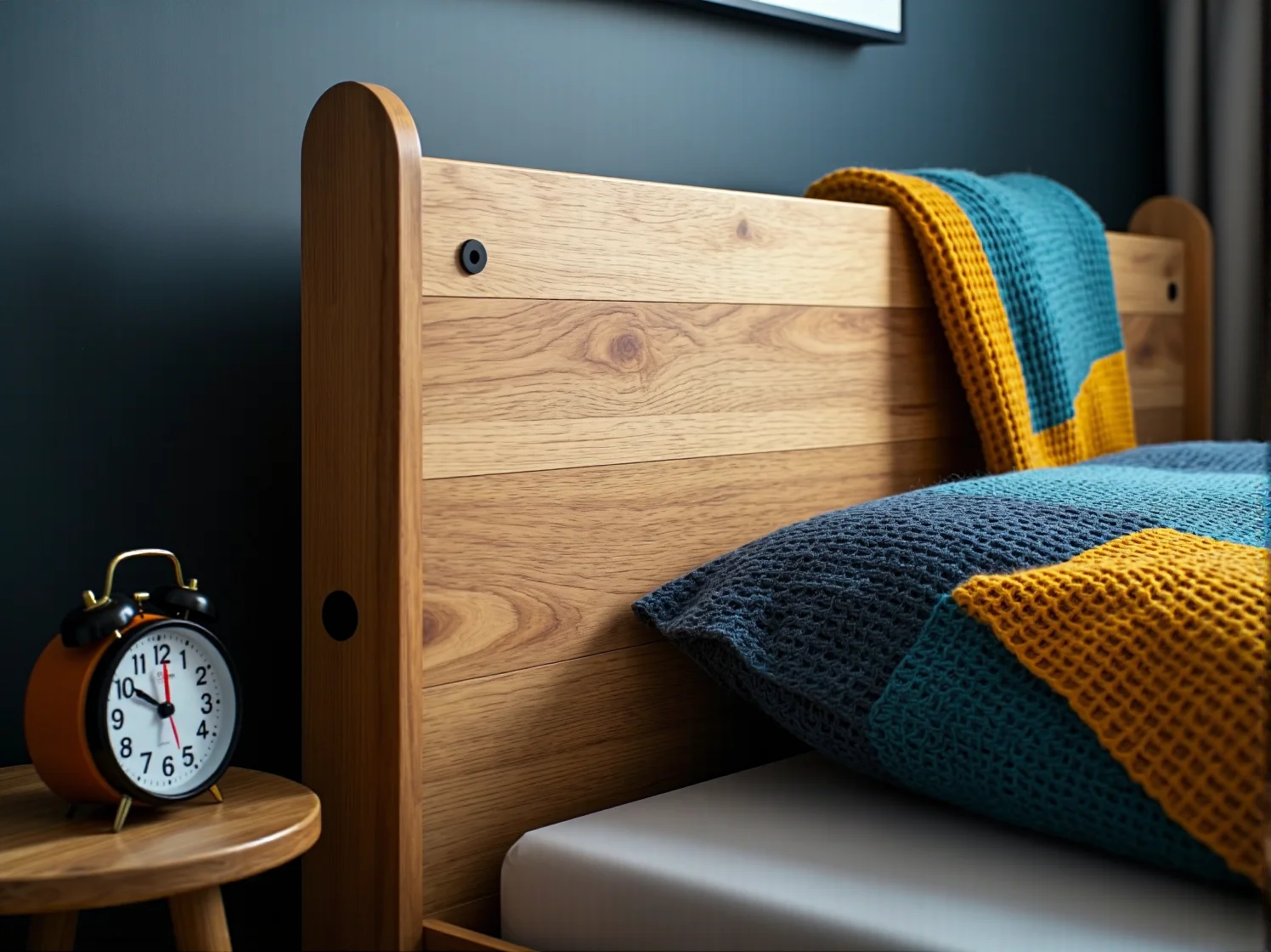 Rustykalne łóżko z litego drewna w przytulnym pokoju dziecięcym retro.