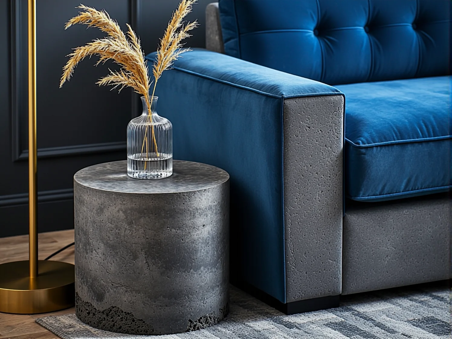 Nowoczesny salon z meblami łączącymi surowy styl industrialny i elegancki glamour.