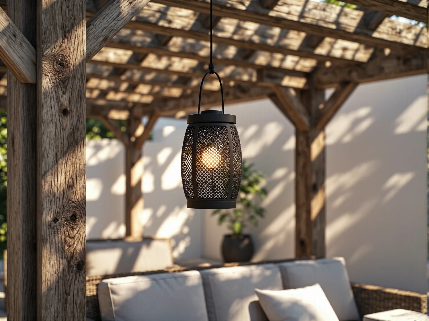 Ciepłe światło solarnej girlandy z żarówek rozwieszonej na drewnianym zadaszeniu tarasu boho.