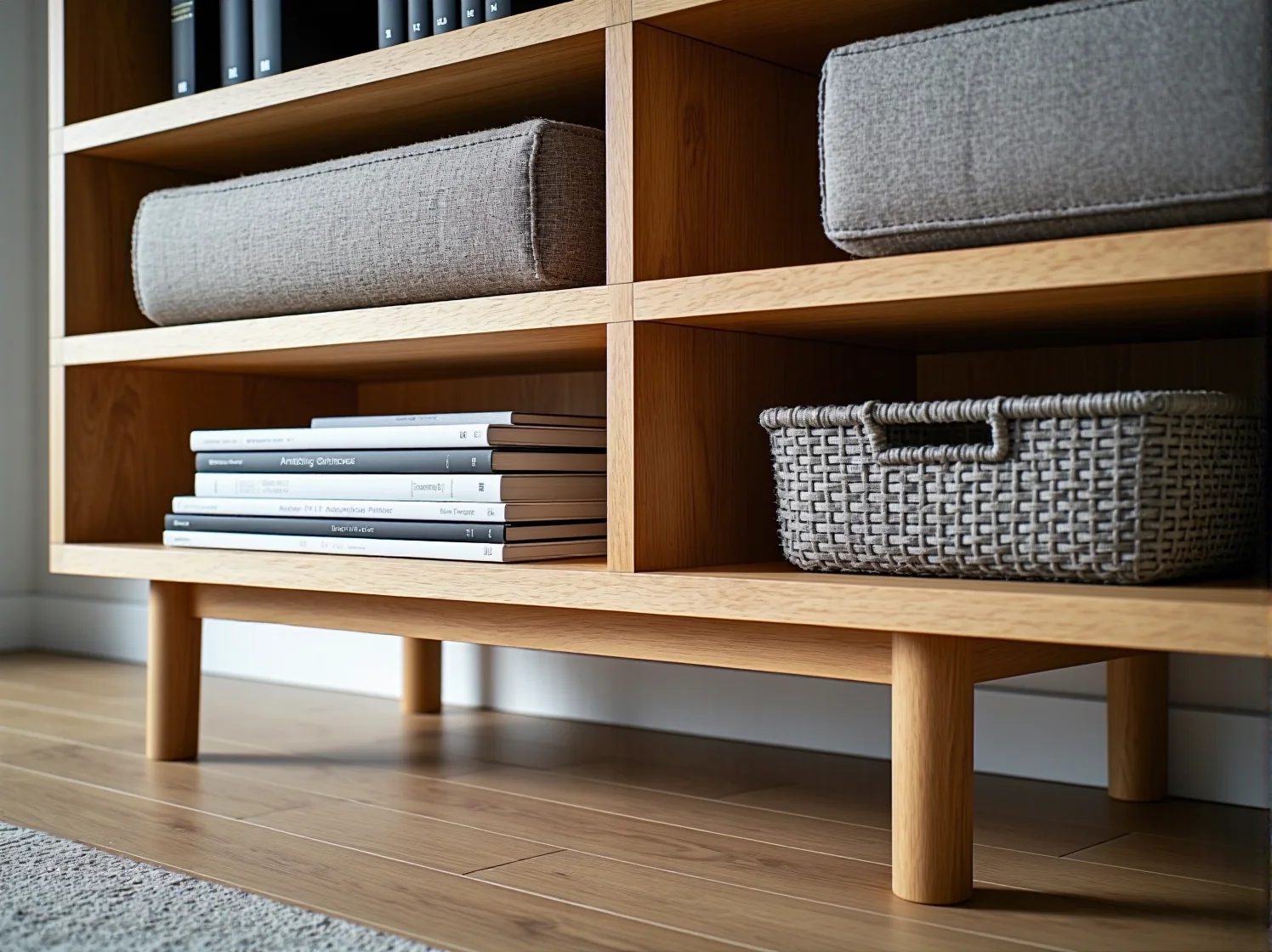 Zbliżenie na detale i jakość wykonania solidnego regału skandynawskiego.