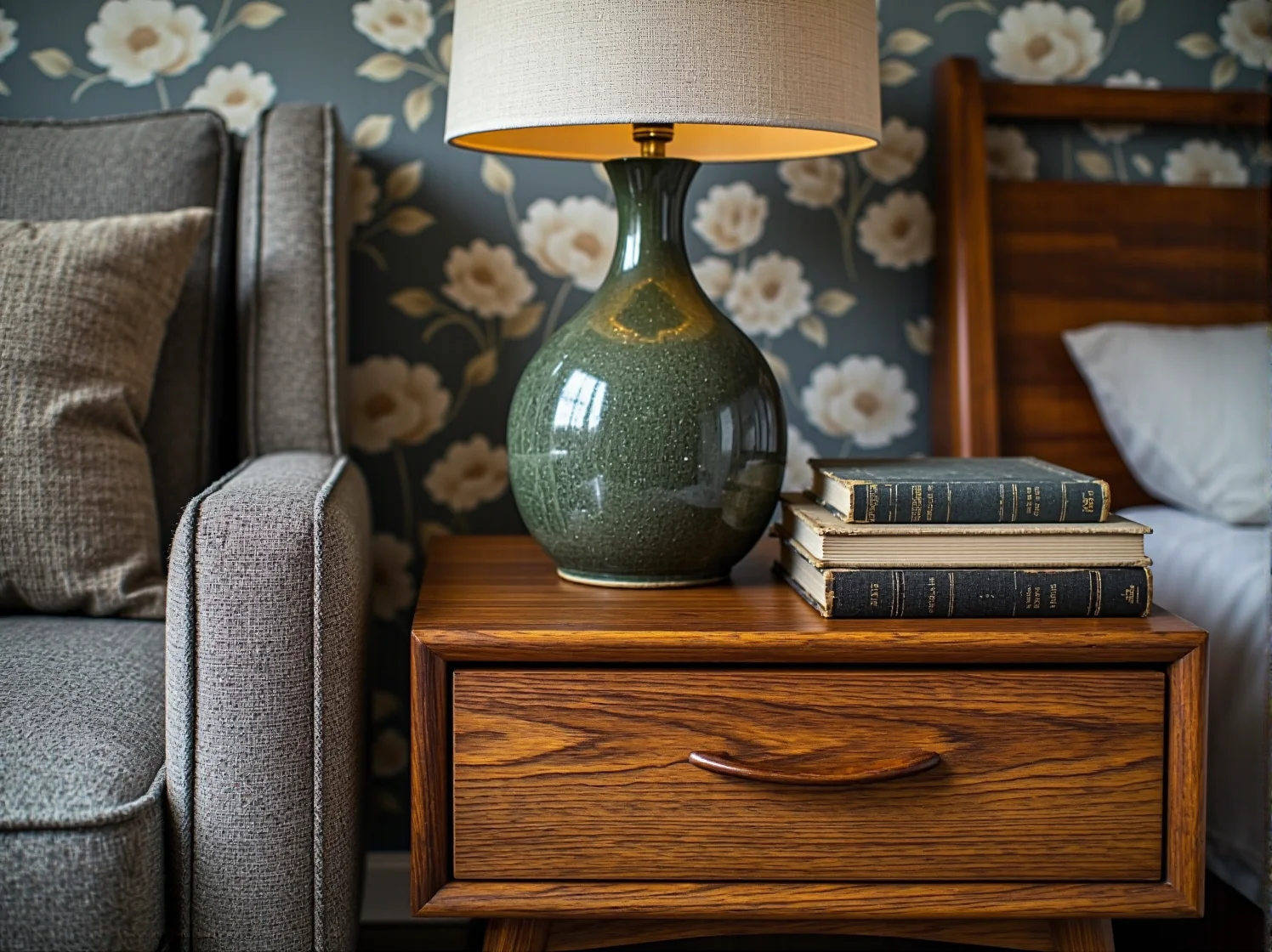 Klasyczna szafa i komoda retro na cienkich nóżkach w sypialni inspirowanej latami 60.