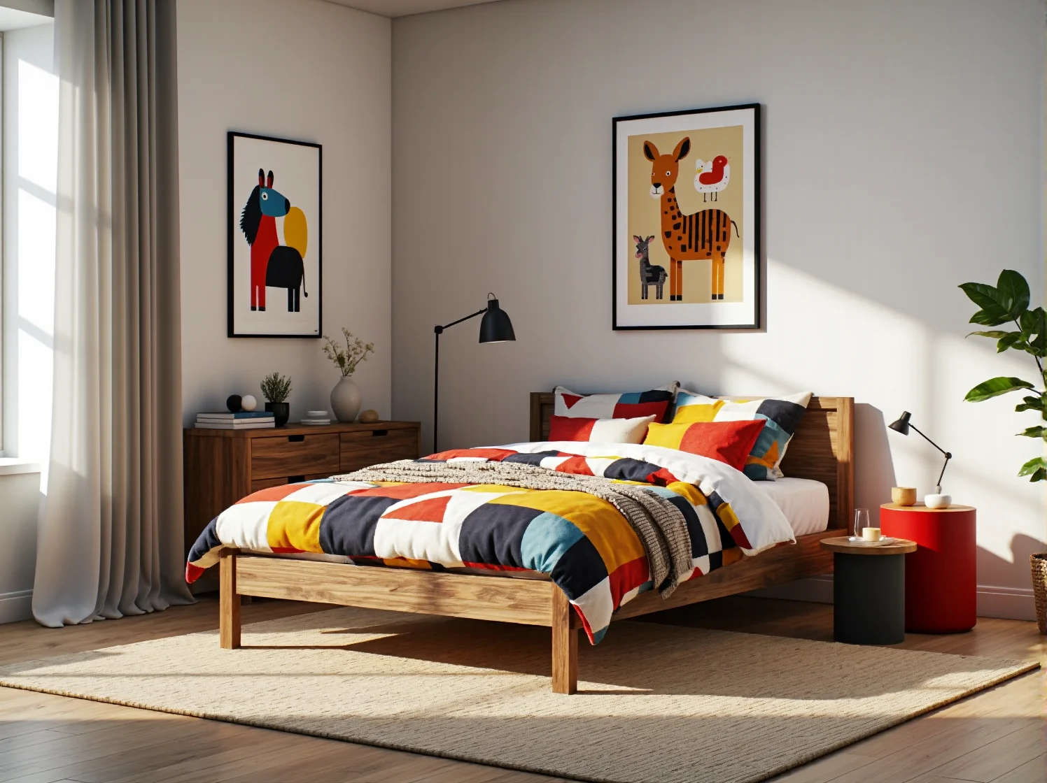 Tradycyjne łóżko dla dziecka otoczone kolorowymi dodatkami vintage.
