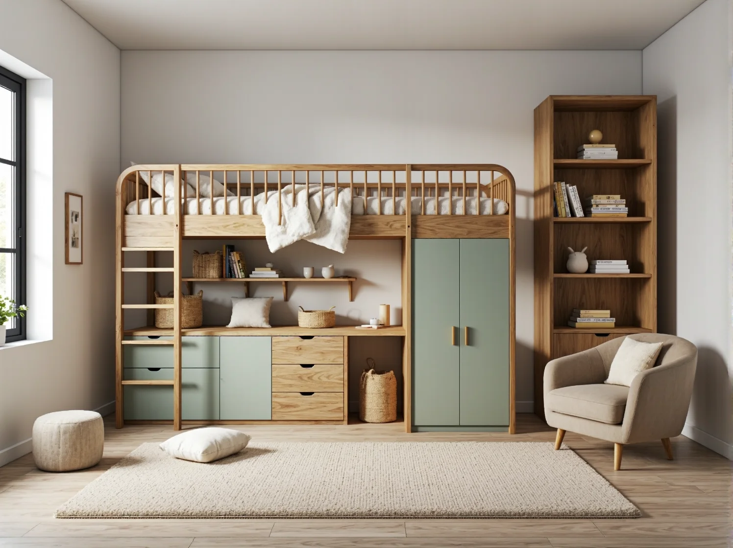 Łóżko piętrowe drewniane z szafą i szufladami w kolorze miętowym