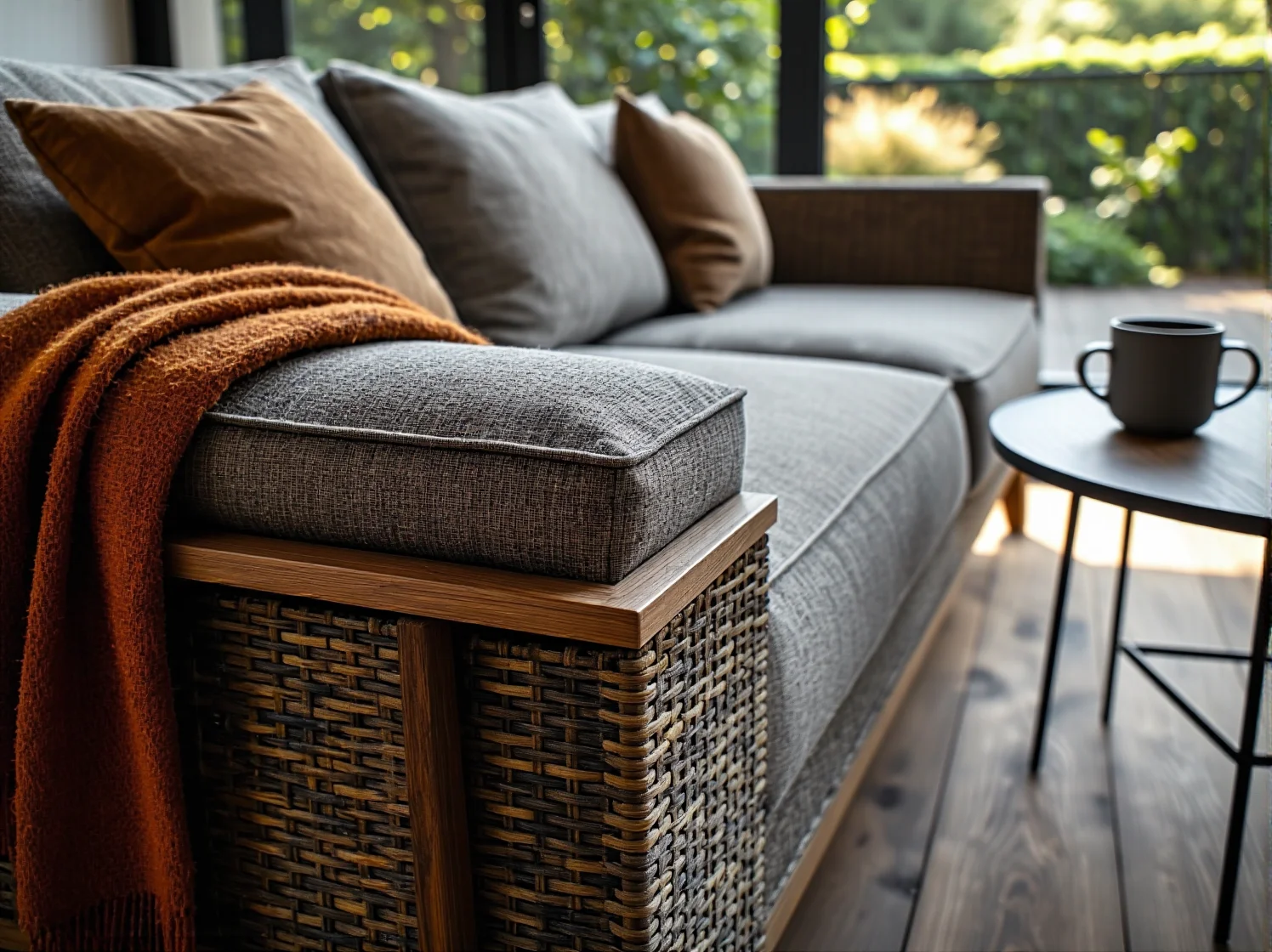 Funkcjonalny układ salonu z narożnikiem ustawionym tyłem do okna tarasowego