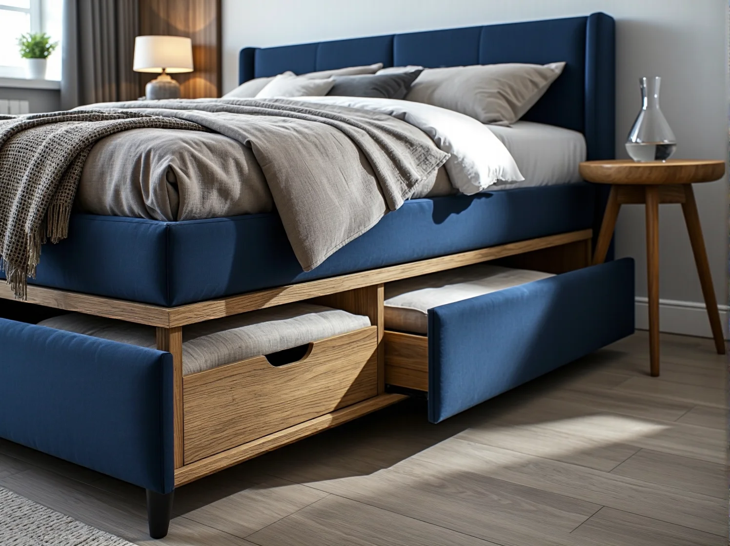 Wąskie łóżko kontynentalne typu slim w niewielkiej sypialni.