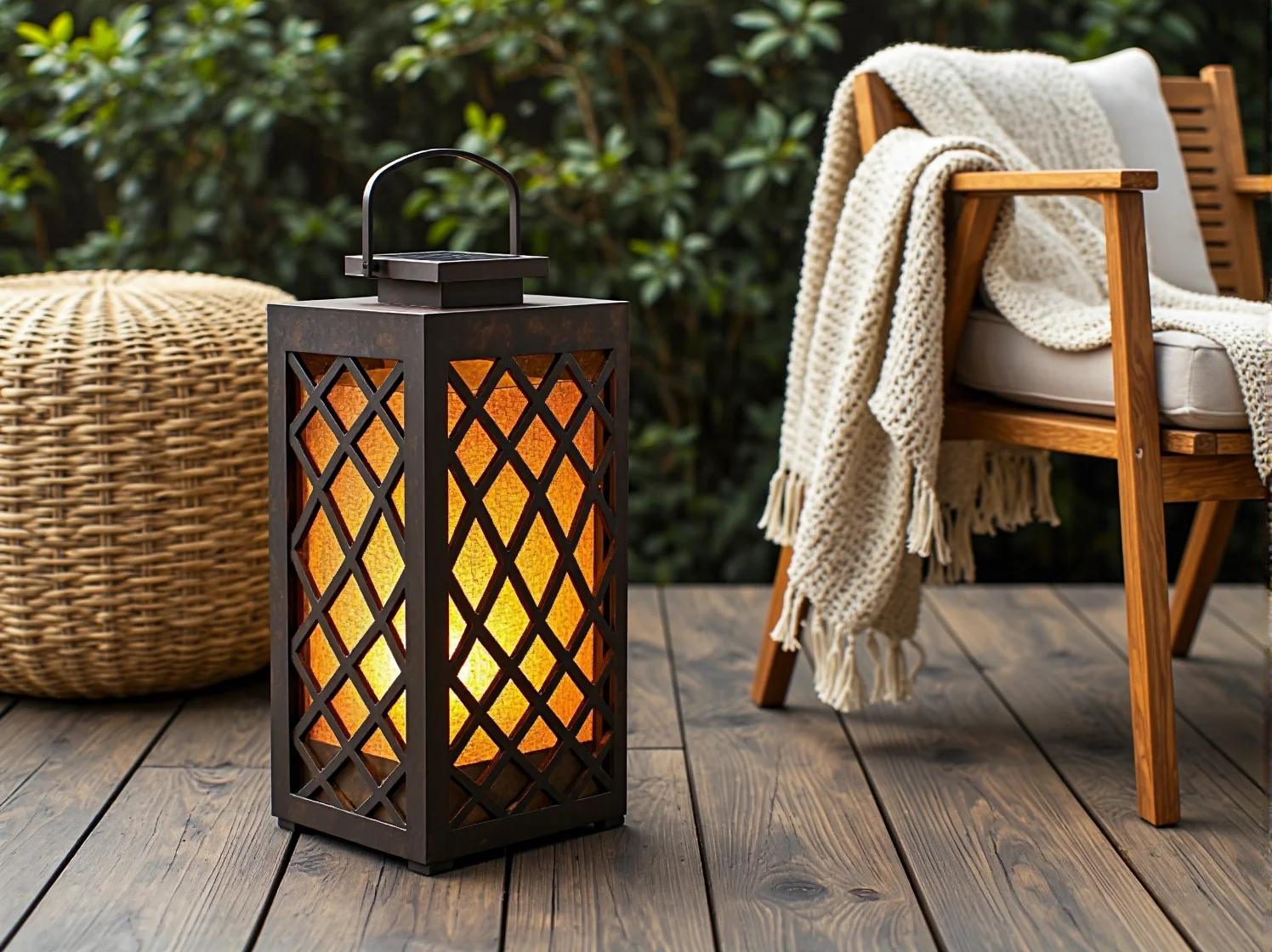 Wiszące girlandy solarne nad drewnianym tarasem tworzące przytulny klimat.