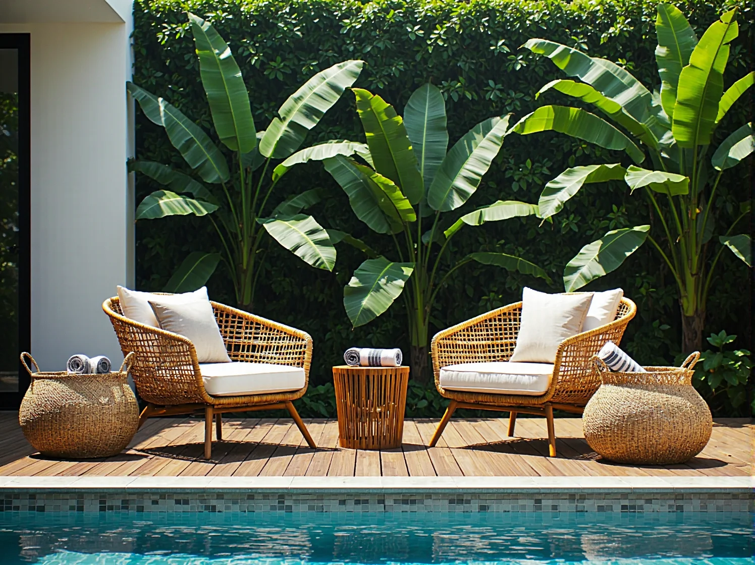 Strefa wypoczynku przy basenie z przytulnym oświetleniem i wygodnymi pufami