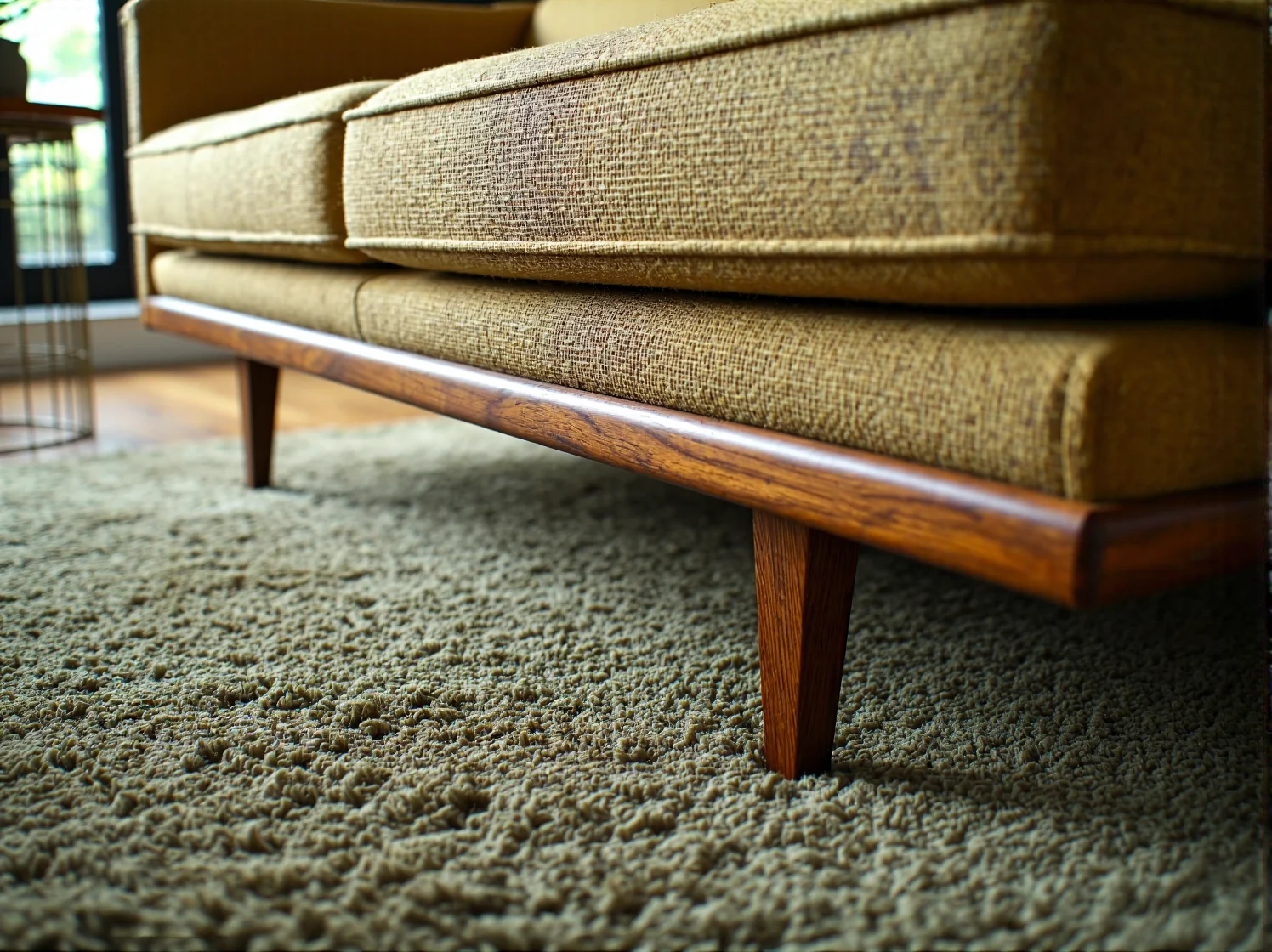 Zielona sofa narożna w aranżacji inspirowanej latami 60