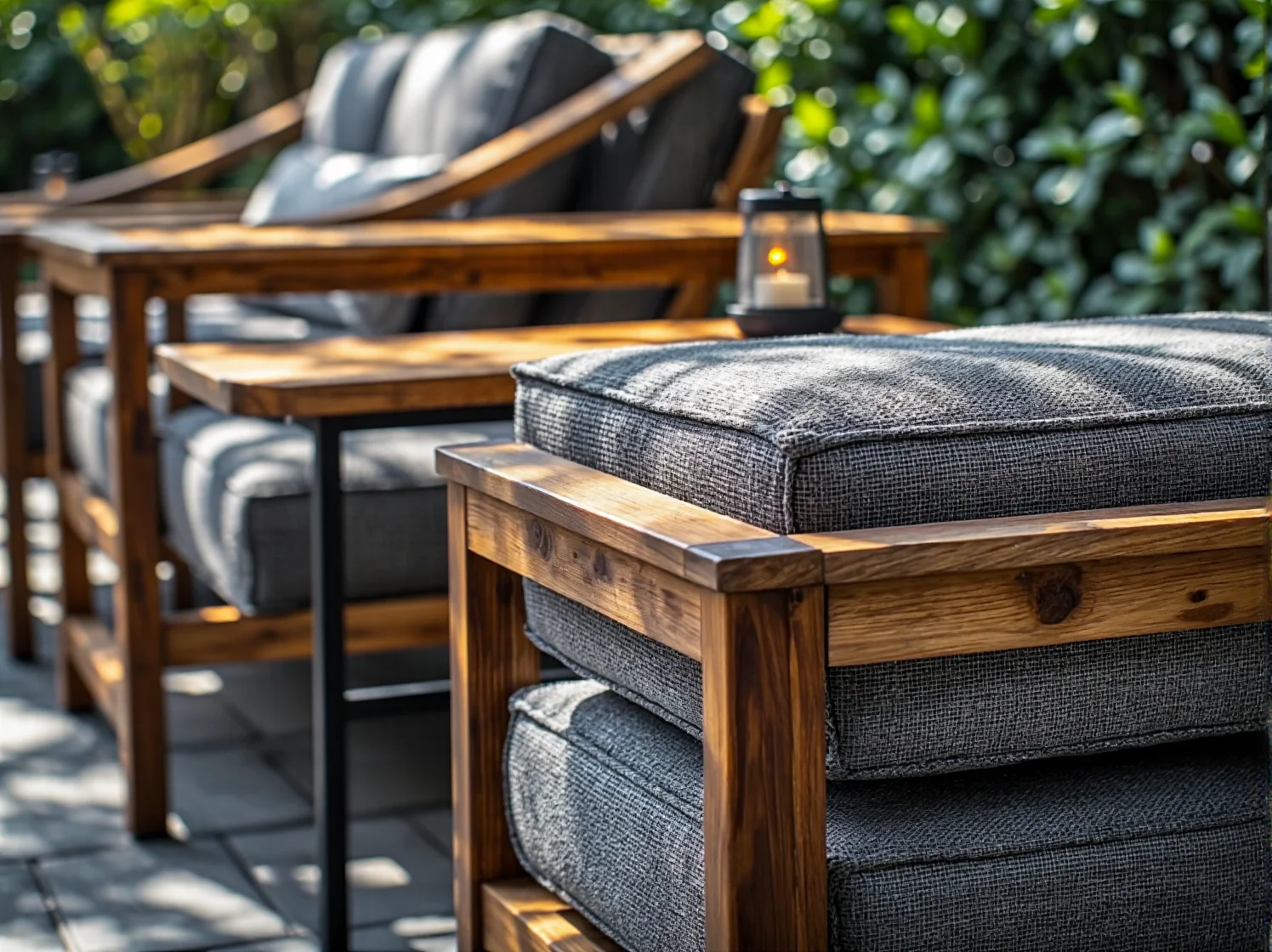 Złote latarenki solarne na stole ogrodowym podczas wieczornego przyjęcia.