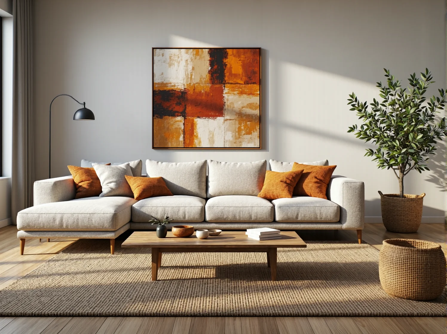 Narożnik tapicerowany kremowy na drewnianych nóżkach z poduszkami